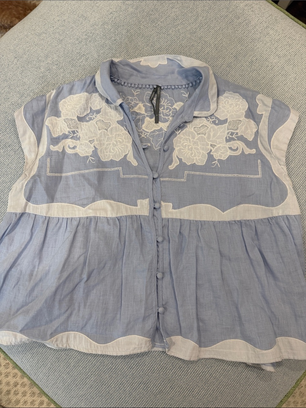 Anthropologie Light Blue Button-Front Embroidered Cap-Sleeve Blouse